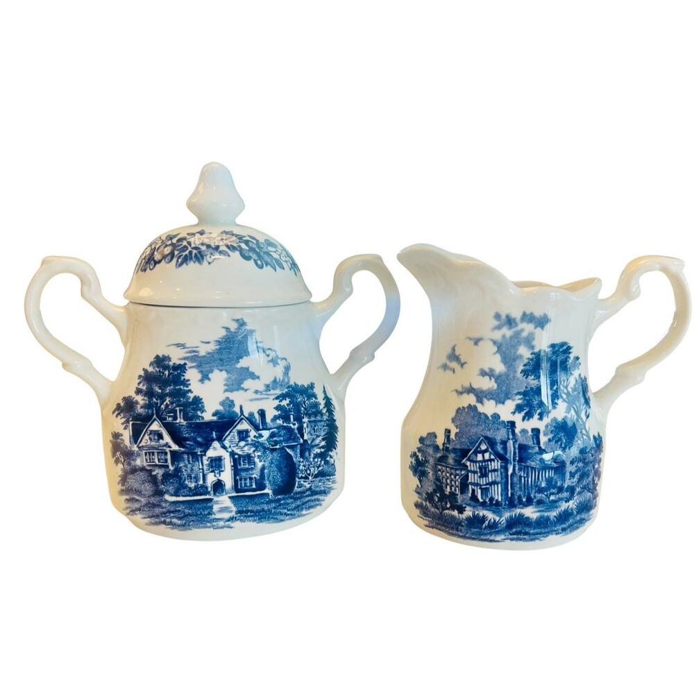 Vintage J&G Meakin Romantic England Sugar Bowl & Creamer Blue Transferware Set